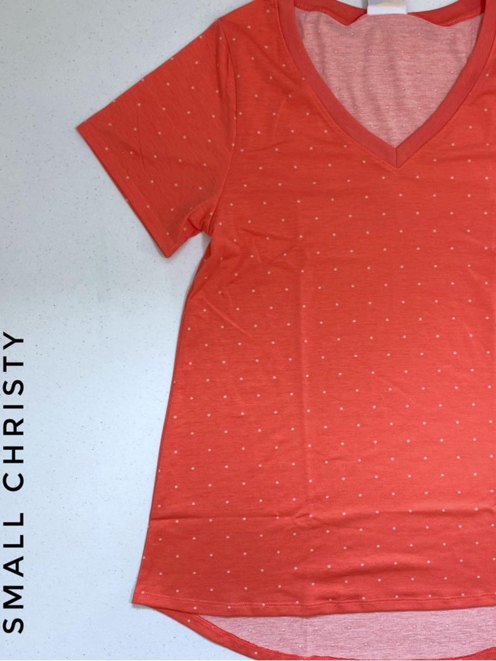 LuLaRoe Coral V-Neck Short Sleeve Tee with Tiny White Dots